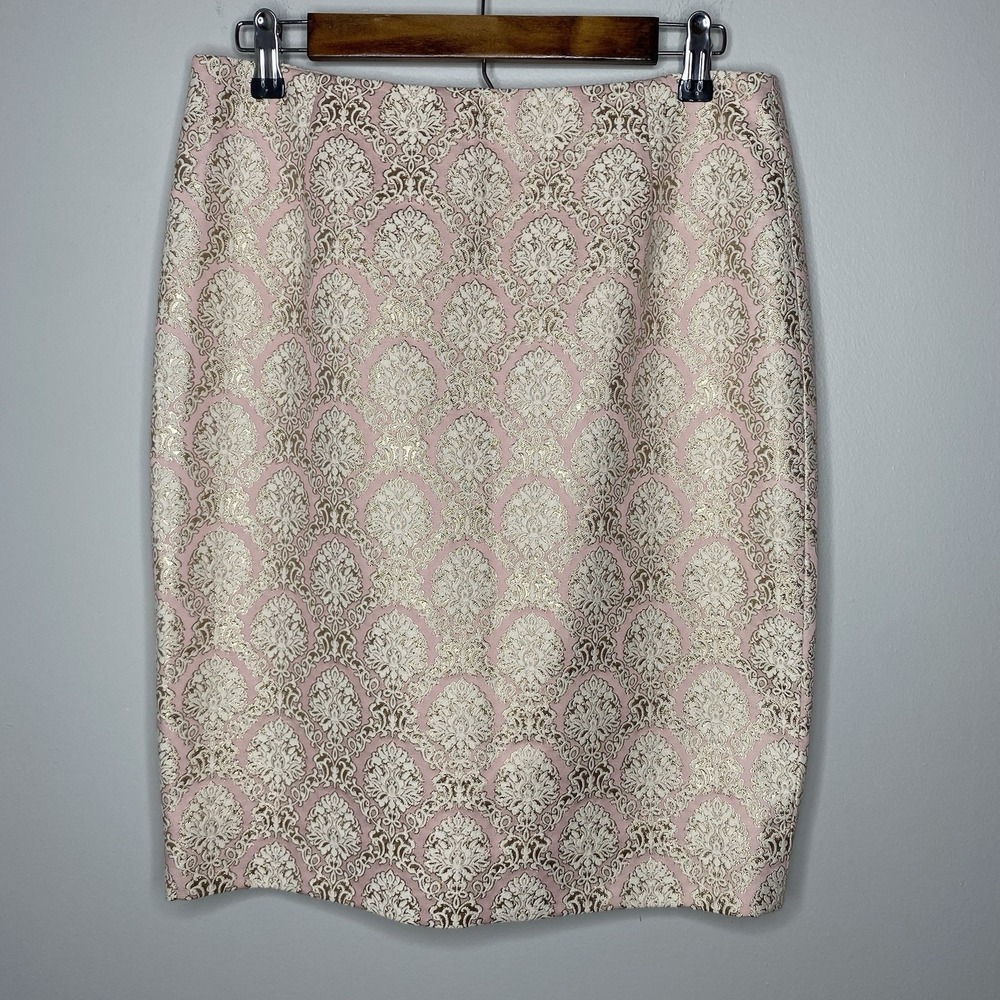 Etcetera Pencil Skirt Womens Size 8 Damask Print Pink Gold Zip Formal Dressy
